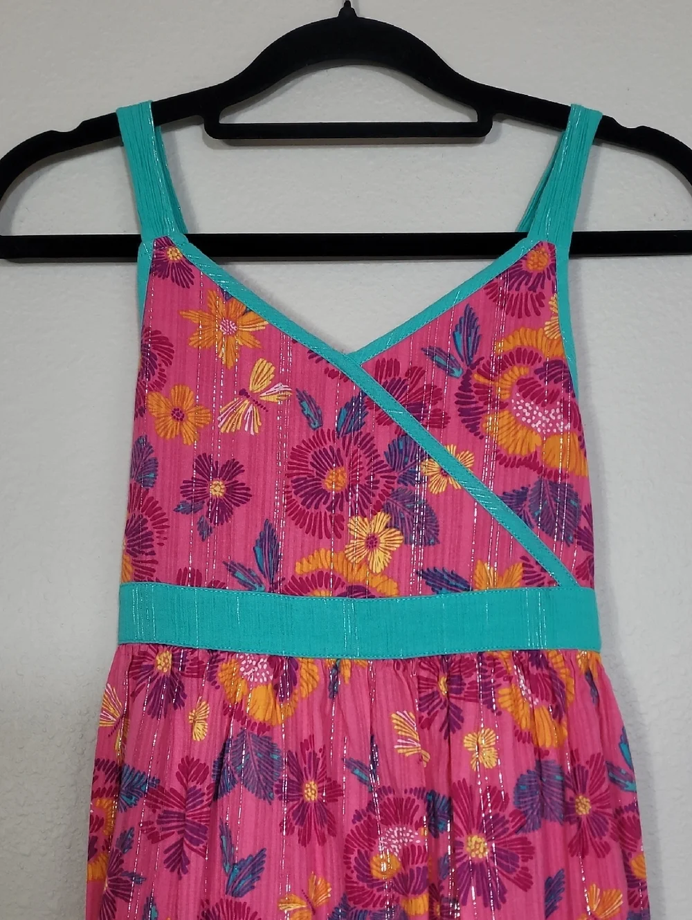 Vintage Bloom Girls Floral Dress Size 12/14 Pink Metallic Fit Flare Cottagecore